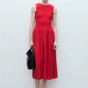 Mango Red Sleeveless Shirred Body Dropped Waist Dress